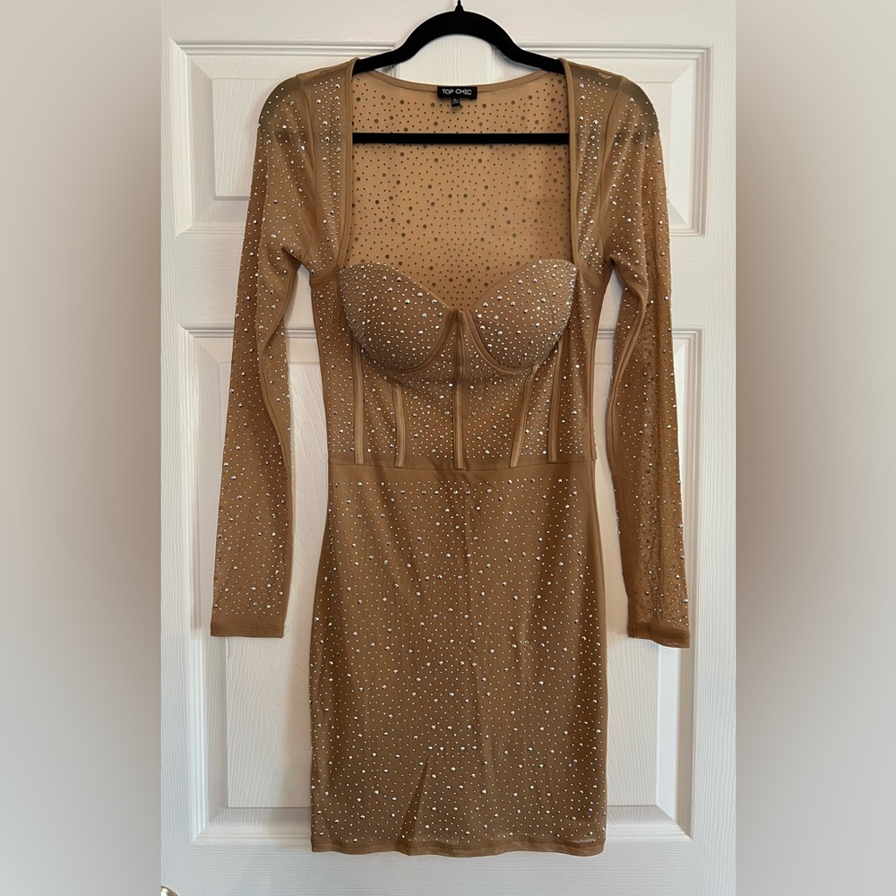 Tan Long Sleeve Dress with Rhinestones